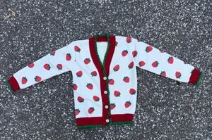Girls Strawberry Cardigan Sweater Red White Green Ruffle Size M 8 10